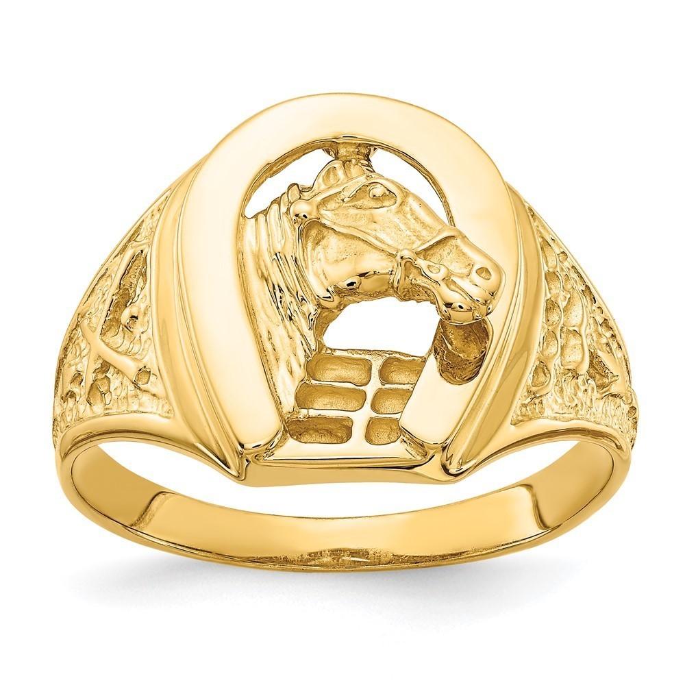 14k Yellow Gold Equestrian Horseshoe with Equestrian Horse  Ring Size 10 Unisex
